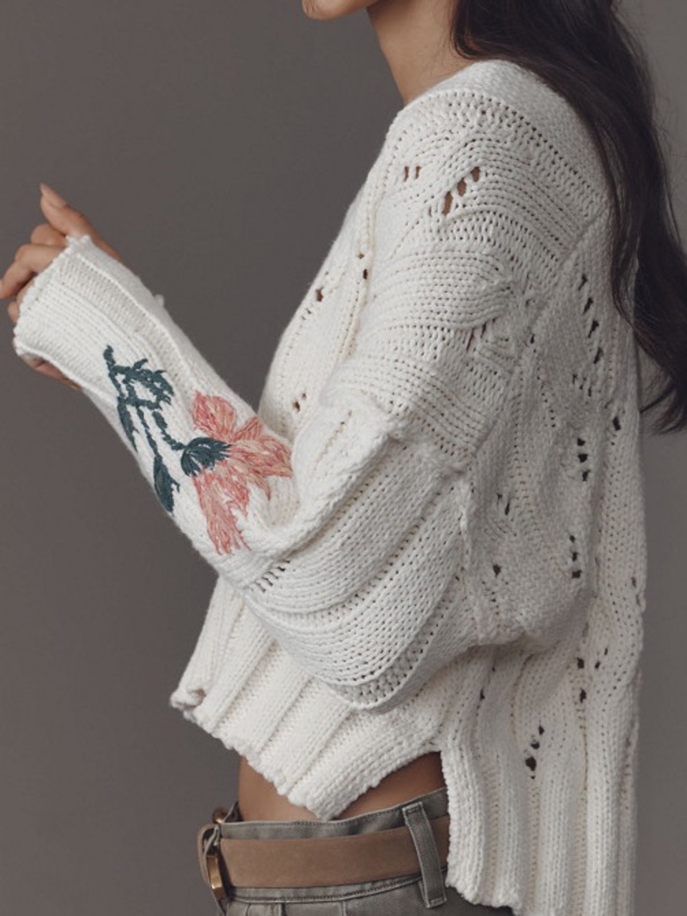 Pilcro Oversized Embroidered Cable-Knit Sweater Size L - Picture 5 of 10